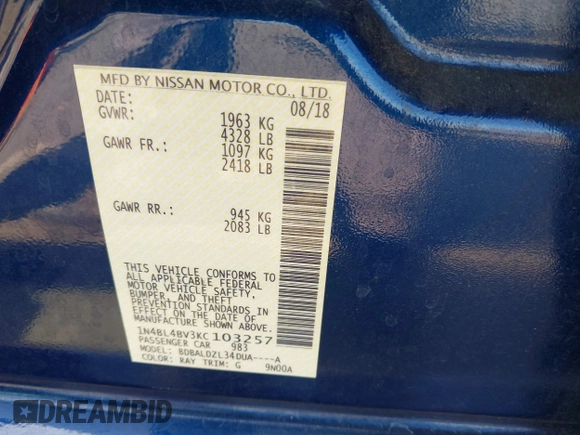 2019 Nissan Altima S z VIN 1N4BL4BV3KC103257, wystawiony jako IAAI lot #42056680 z przebiegiem 99 467 mil mil oraz . Historia ofert i sprzedaży dostępna na DreamBid. Obrazek 9.