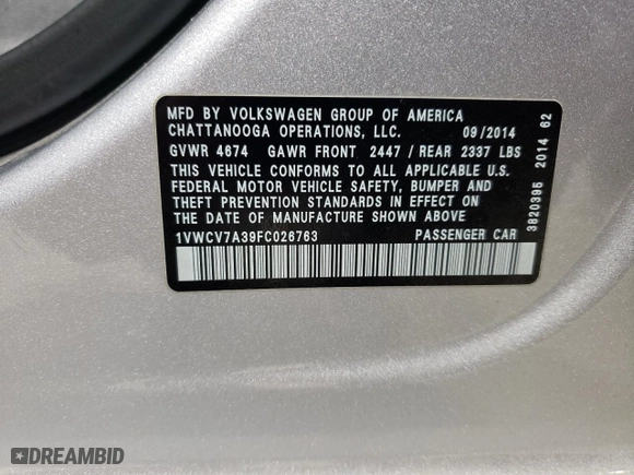 2015 Volkswagen Passat 2.0L TDI SEL Premium with VIN 1VWCV7A39FC026763, listed as a Copart auction lot 51929585 with 72,845 mi miles and Clean Title. Bid and sale history available at carsss.com. Image 12.
