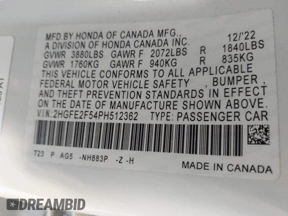 2023 Honda Civic Sport with VIN 2HGFE2F54PH512362, listed as a IAAI auction lot 41401479 with 12,672 mi miles and . Bid and sale history available at DreamBid. Image 9.