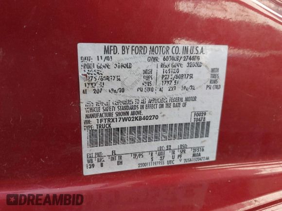 2002 Ford F-150 XL with VIN 1FTRX17W02KB40270, listed as a IAAI auction lot 42573017 with Not provided miles and . Bid and sale history available at DreamBid. Image 9.