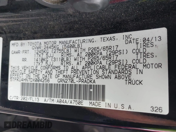 2013 Toyota Tacoma PreRunner with VIN 5TFKU4HN7DX004256, listed as a IAAI auction lot 42327449 with 266,113 mi miles and . Bid and sale history available at DreamBid. Image 9.