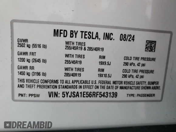 2024 Tesla Model S z VIN 5YJSA1E56RF543139, wystawiony jako Copart lot #86568584 z przebiegiem 1 212 mil mil oraz Szkoda całkowita • Salvage title. Historia ofert i sprzedaży dostępna na DreamBid. Obrazek 12.