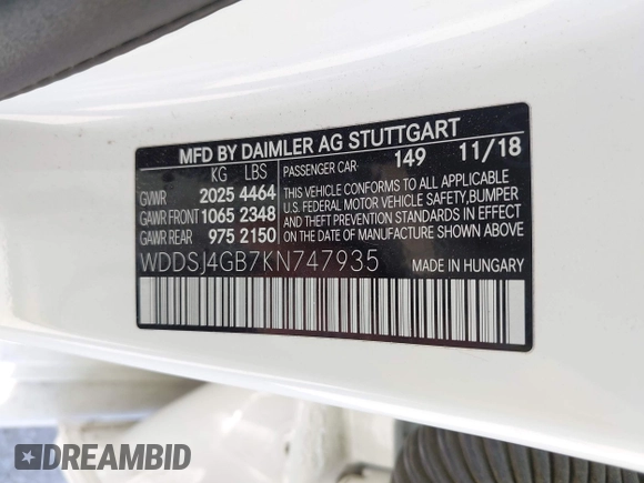 2019 Mercedes-Benz CLA 250 with VIN WDDSJ4GB7KN747935, listed as a IAAI auction lot 42567274 with 76,790 mi miles and . Bid and sale history available at DreamBid. Image 9.