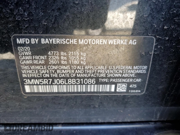 2020 BMW 3 Series 330i xDrive with VIN 3MW5R7J06L8B31086, listed as a Copart auction lot 50706325 with 42,734 mi miles and Salvage Title. Bid and sale history available at carsss.com. Image 13.