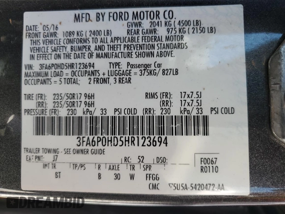 2017 Ford Fusion SE with VIN 3FA6P0HD5HR123694, listed as a Copart auction lot 54836325 with 127,447 mi miles and Salvage title. Bid and sale history available at DreamBid. Image 12.