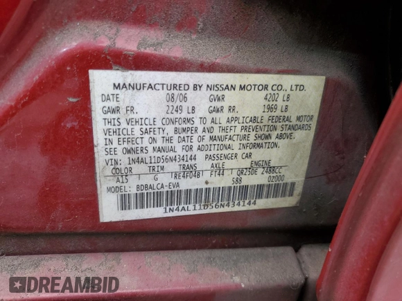 2006 Nissan Altima 2.5 with VIN 1N4AL11D56N434144, listed as a Copart auction lot 88654715 with 166,146 mi miles and Salvage Title. Bid and sale history available at carsss.com. Image 13.