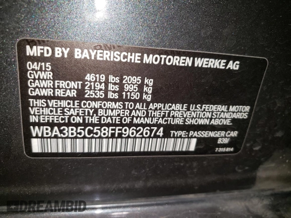 2015 BMW 3 Series 328i xDrive with VIN WBA3B5C58FF962674, listed as a Copart auction lot 58994595 with Not provided miles and Salvage title. Bid and sale history available at DreamBid. Image 12.