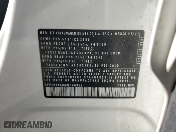 2021 Volkswagen Tiguan S z VIN 3VV1B7AX8MM146962, wystawiony jako Copart lot #56416195 z przebiegiem 113 002 mil mil oraz Szkoda całkowita • Salvage title. Historia ofert i sprzedaży dostępna na DreamBid. Obrazek 14.
