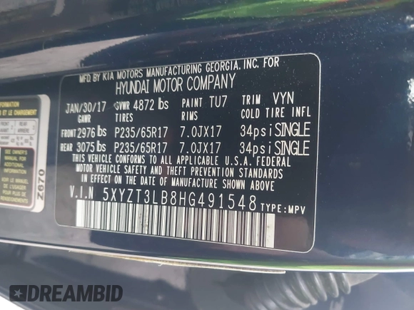 2017 Hyundai Santa Fe Sport 2.4L with VIN 5XYZT3LB8HG491548, listed as a IAAI auction lot 41926176 with 85,949 mi miles. Bid and sale history available at carsss.com. Image 9.