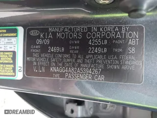 2010 Kia Optima LX with VIN KNAGG4A82A5394267, listed as a IAAI auction lot 41955386 with 134,912 mi miles. Bid and sale history available at carsss.com. Image 9.