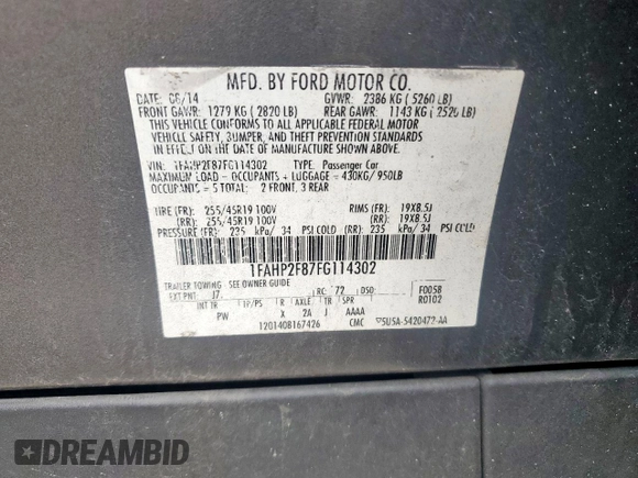 2015 Ford Taurus Limited with VIN 1FAHP2F87FG114302, listed as a Copart auction lot 62407335 with 162,107 mi miles and Salvage title. Bid and sale history available at DreamBid. Image 12.