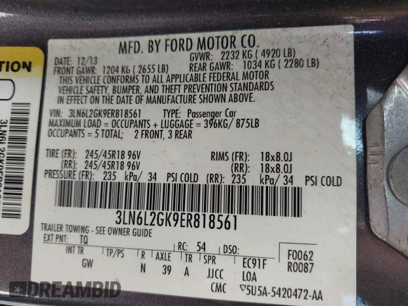 2014 Lincoln MKZ with VIN 3LN6L2GK9ER818561, listed as a IAAI auction lot 42063387 with 143,803 mi miles. Bid and sale history available at carsss.com. Image 9.