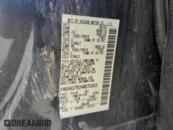 2004 Nissan Titan LE with VIN 1N6AA07B24N575053, listed as a Copart auction lot 50370985 with 230,225 mi miles and Salvage title. Bid and sale history available at DreamBid. Image 14.