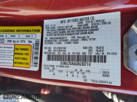 2016 Lincoln MKZ with VIN 3LN6L2GK6GR630714, listed as a Copart auction lot 47181925 with 36,616 mi miles and Salvage Title. Bid and sale history available at carsss.com. Image 13.