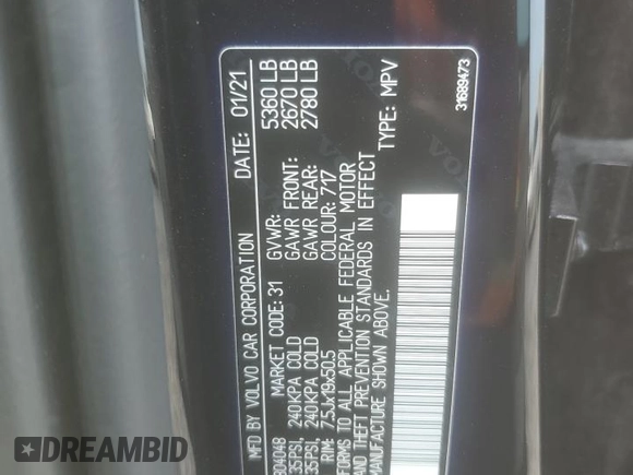 2021 Volvo XC60 Momentum с VIN YV4102RK1M1804048, выставлен на аукционе Copart как лот 57049835 с пробегом Не указан миль и Списание • Salvage title. История ставок и продаж доступна на DreamBid. Изображение 13.