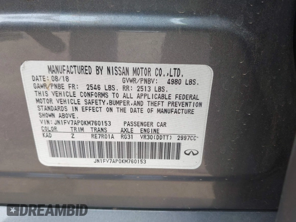 2019 Infiniti Q50 RED SPORT 400 with VIN JN1FV7AP0KM760153, listed as a IAAI auction lot 41895981 with 62,070 mi miles. Bid and sale history available at carsss.com. Image 9.