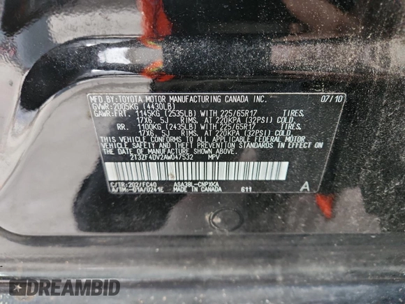 2010 Toyota RAV4 z VIN 2T3ZF4DV2AW047532, wystawiony jako Copart lot #58443935 z przebiegiem 153 531 mil mil oraz Szkoda całkowita • Salvage title. Historia ofert i sprzedaży dostępna na DreamBid. Obrazek 13.