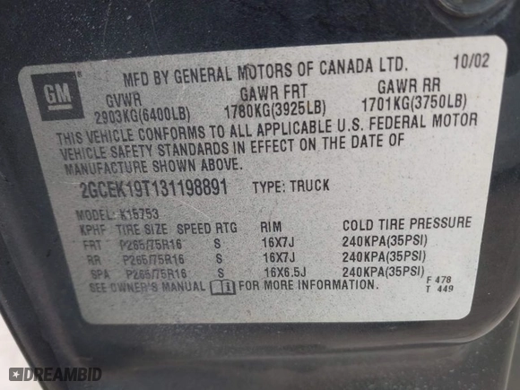 2003 Chevrolet Silverado 1500 LS with VIN 2GCEK19T131198891, listed as a IAAI auction lot 41984062 with 179,986 mi miles. Bid and sale history available at carsss.com. Image 9.