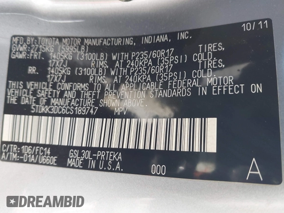 2012 Toyota Sienna LE AAS with VIN 5TDKK3DC6CS189747, listed as a IAAI auction lot 41857367 with 205,376 mi miles and . Bid and sale history available at DreamBid. Image 9.