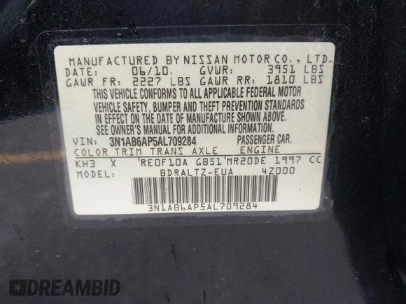 2010 Nissan Sentra SR with VIN 3N1AB6AP5AL709284, listed as a IAAI auction lot 42009100 with 156,168 mi miles and . Bid and sale history available at DreamBid. Image 9.