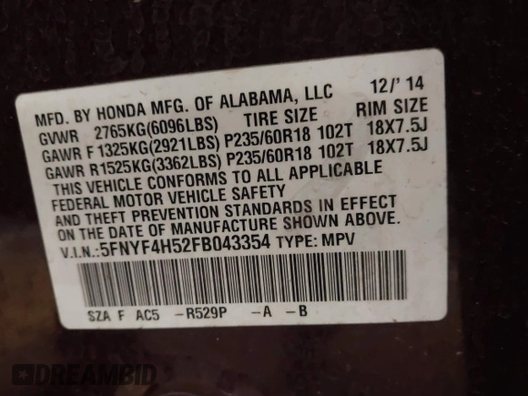 2015 Honda Pilot EX-L with VIN 5FNYF4H52FB043354, listed as a IAAI auction lot 41458416 with 137,137 mi miles and . Bid and sale history available at carsss.com. Image 9.