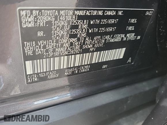 2022 Toyota RAV4 XLE with VIN 2T3P1RFV5NC282921, listed as a IAAI auction lot 42840420 with 43,470 mi miles and . Bid and sale history available at DreamBid. Image 8.