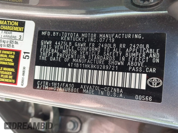 2019 Toyota Camry LE with VIN 4T1B11HK8KU289721, listed as a IAAI auction lot 42021107 with 69,828 mi miles and . Bid and sale history available at DreamBid. Image 9.