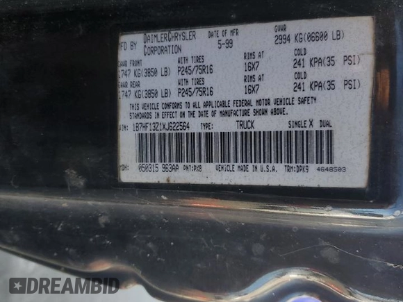 1999 Dodge 1500 with VIN 1B7HF13Z1XJ622564, listed as a Copart auction lot 42615515 with 242,904 mi miles and Salvage title. Bid and sale history available at DreamBid. Image 12.