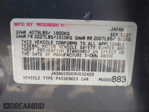 2008 Mitsubishi Lancer DE with VIN JA3AU16U68U032429, listed as a IAAI auction lot 42064179 with 187,733 mi miles. Bid and sale history available at carsss.com. Image 9.