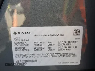 2022 Rivian R1T Adventure Package with VIN 7FCTGAAA7NN006498, listed as a Copart auction lot 89338075 with 46,384 mi miles and Salvage Title. Bid and sale history available at carsss.com. Image 13.