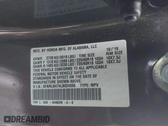 2020 Honda Odyssey EX-L with VIN 5FNRL6H74LB024598, listed as a IAAI auction lot 41689375 with 62,686 mi miles. Bid and sale history available at carsss.com. Image 9.