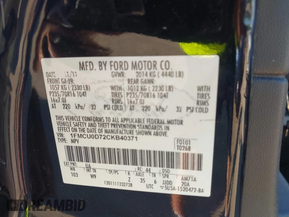 2012 Ford Escape XLT with VIN 1FMCU0D72CKB40371, listed as a IAAI auction lot 42635463 with 178,361 mi miles and . Bid and sale history available at DreamBid. Image 9.