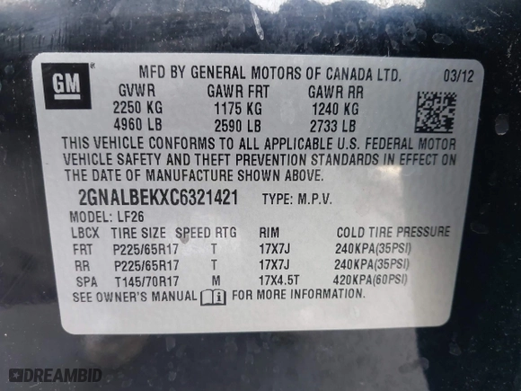 2012 Chevrolet Equinox LS with VIN 2GNALBEKXC6321421, listed as a IAAI auction lot 41815250 with 170,996 mi miles. Bid and sale history available at carsss.com. Image 9.