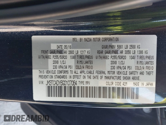 2016 Mazda CX-9 Grand Touring with VIN JM3TCADY6G0107064, listed as a IAAI auction lot 42580485 with 124,713 mi miles and . Bid and sale history available at DreamBid. Image 9.