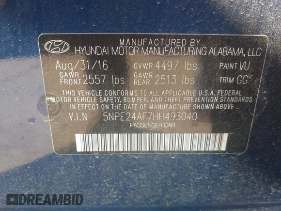 2017 Hyundai Sonata 2.4L with VIN 5NPE24AF7HH493040, listed as a IAAI auction lot 41831646 with 142,523 mi miles and . Bid and sale history available at carsss.com. Image 9.
