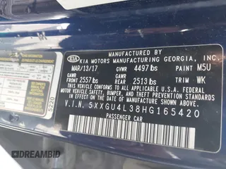 2017 Kia Optima EX с VIN 5XXGU4L38HG165420, выставлен на аукционе IAAI как лот 42389879 с пробегом Не указан миль и . История ставок и продаж доступна на DreamBid. Изображение 9.