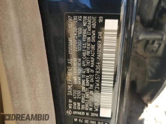 1998 Mercedes-Benz E 320 with VIN WDBJF25F3WA578364, listed as a Copart auction lot 77551834 with 228,913 mi miles and Salvage Title. Bid and sale history available at DreamBid. Image 12.