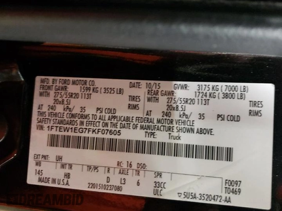 2015 Ford F-150 XLT with VIN 1FTEW1EG7FKF07605, listed as a Copart auction lot 51085545 with 223,341 mi miles and Salvage Title. Bid and sale history available at carsss.com. Image 14.