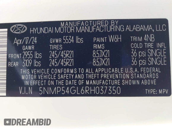 2024 Hyundai Santa Fe Calligraphy with VIN 5NMP54GL6RH037350, listed as a IAAI auction lot 42099643 with 8,326 mi miles and . Bid and sale history available at DreamBid. Image 9.