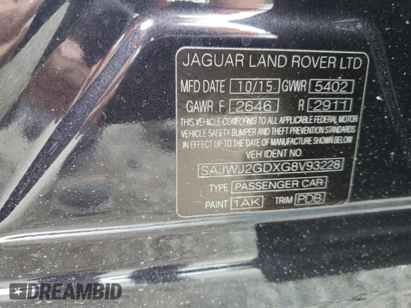 2016 Jaguar XJ Portfolio with VIN SAJWJ2GDXG8V93228, listed as a Copart auction lot 62832115 with 45,536 mi miles and Salvage title. Bid and sale history available at DreamBid. Image 13.