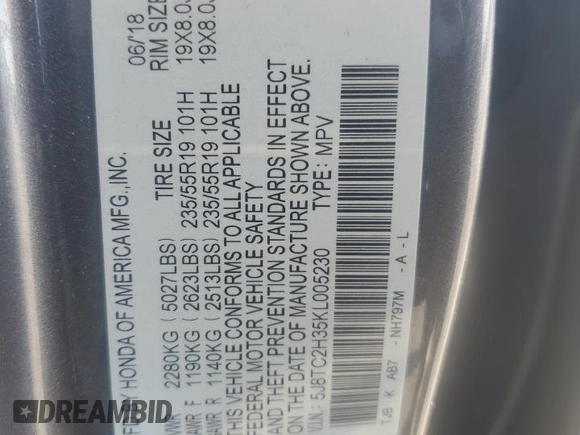 2019 Acura RDX with VIN 5J8TC2H35KL005230, listed as a Copart auction lot 61614685 with 112,188 mi miles and Salvage title. Bid and sale history available at DreamBid. Image 13.