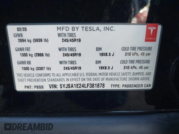 2020 Tesla Model S Long Range with VIN 5YJSA1E24LF381878, listed as a IAAI auction lot 41965340 with 47,468 mi miles. Bid and sale history available at carsss.com. Image 9.