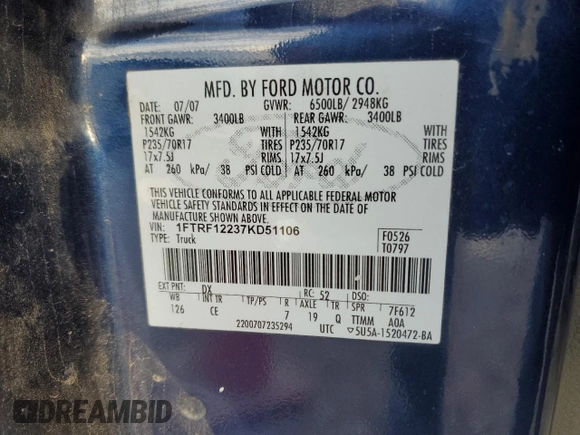 2007 Ford F-150 XL with VIN 1FTRF12237KD51106, listed as a Copart auction lot 45088325 with 202,467 mi miles and Salvage Title. Bid and sale history available at carsss.com. Image 12.