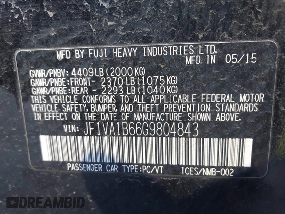 2016 Subaru WRX with VIN JF1VA1B66G9804843, listed as a IAAI auction lot 41511751 with 112,913 mi miles and . Bid and sale history available at carsss.com. Image 9.
