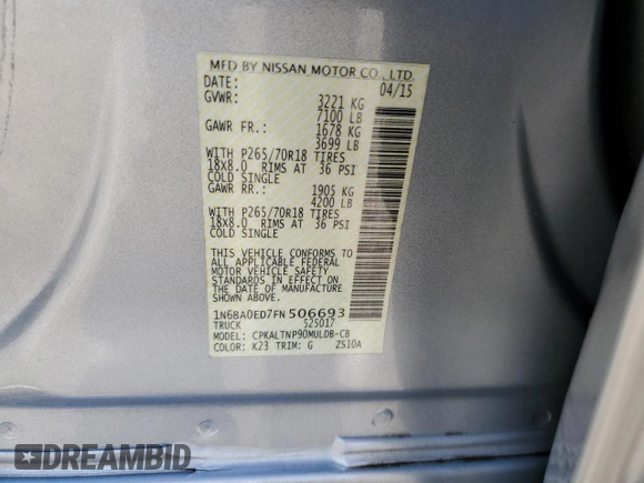 2015 Nissan Titan SV z VIN 1N6BA0ED7FN506693, wystawiony jako Copart lot #72467303 z przebiegiem 46 260 mil mil oraz Szkoda całkowita • Salvage title. Historia ofert i sprzedaży dostępna na DreamBid. Obrazek 14.