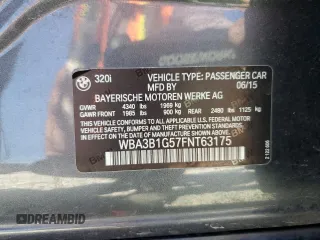 2015 BMW 3 Series 320i with VIN WBA3B1G57FNT63175, listed as a Copart auction lot 46823715 with 69,511 mi miles and Salvage Title. Bid and sale history available at carsss.com. Image 12.