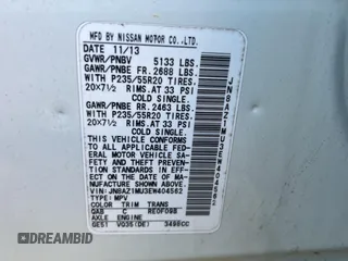 2014 Nissan Murano LE z VIN JN8AZ1MU3EW404562, wystawiony jako Copart lot #58057755 z przebiegiem 56 948 mil mil oraz Szkoda całkowita • Salvage title. Historia ofert i sprzedaży dostępna na DreamBid. Obrazek 10.