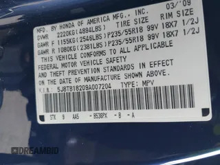2009 Acura RDX with VIN 5J8TB18209A007204, listed as a IAAI auction lot 42163795 with 201,040 mi miles and . Bid and sale history available at DreamBid. Image 9.