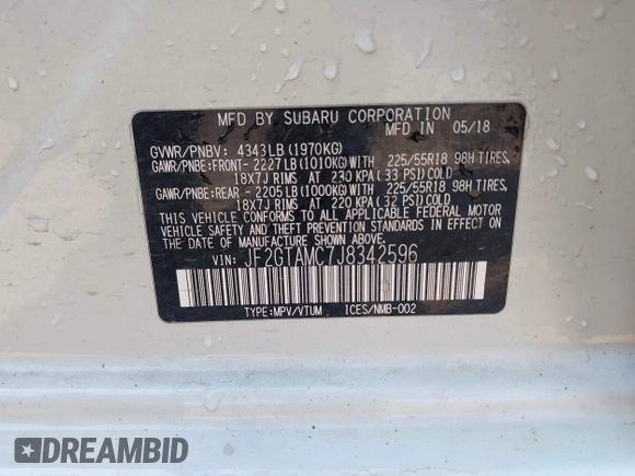 2018 Subaru Crosstrek Limited with VIN JF2GTAMC7J8342596, listed as a IAAI auction lot 42485275 with 101,005 mi miles and . Bid and sale history available at DreamBid. Image 9.