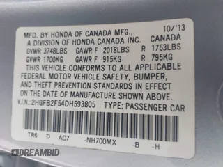 2013 Honda Civic LX with VIN 2HGFB2F54DH593805, listed as a IAAI auction lot 41561436 with 139,651 mi miles and . Bid and sale history available at DreamBid. Image 9.
